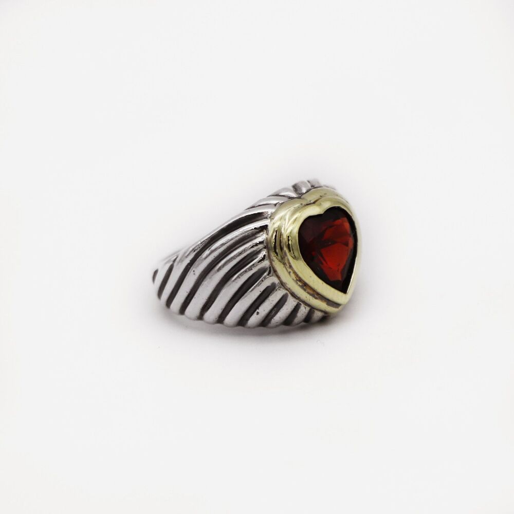 David Yurman 925 Silver 14K  Garnet Heart Cable Ring
